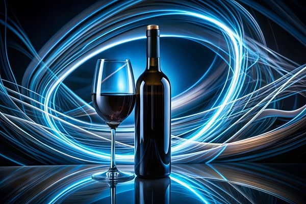 A bottle and glass of wine with vibrant light trails in background